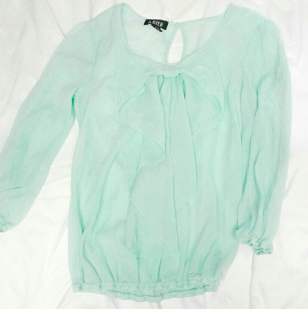 A. Byer Sheer Mint Teal Bow Top Blouse
